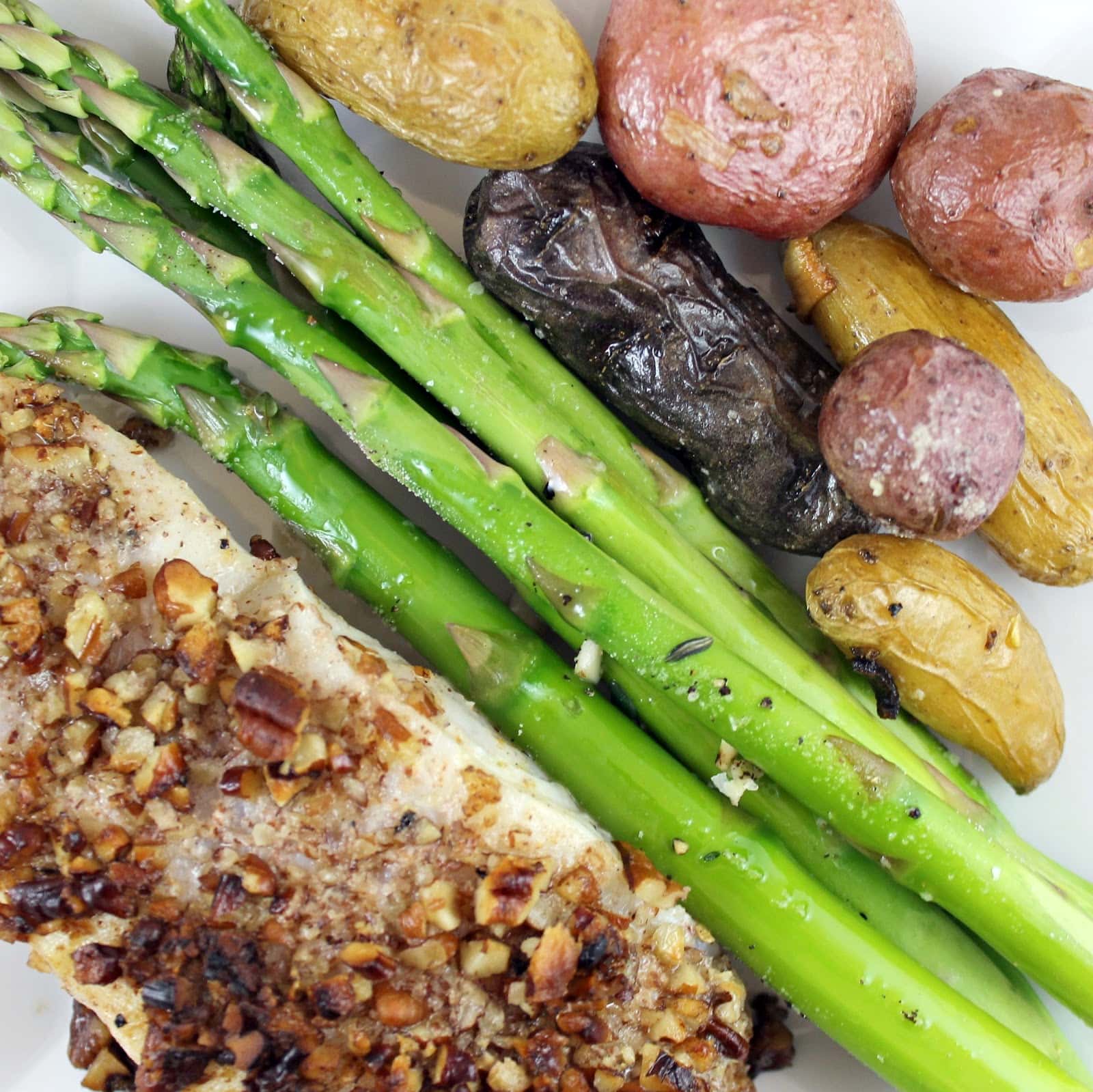 Pecan-Crusted Halibut with Roasted Asparagus and Potatoes