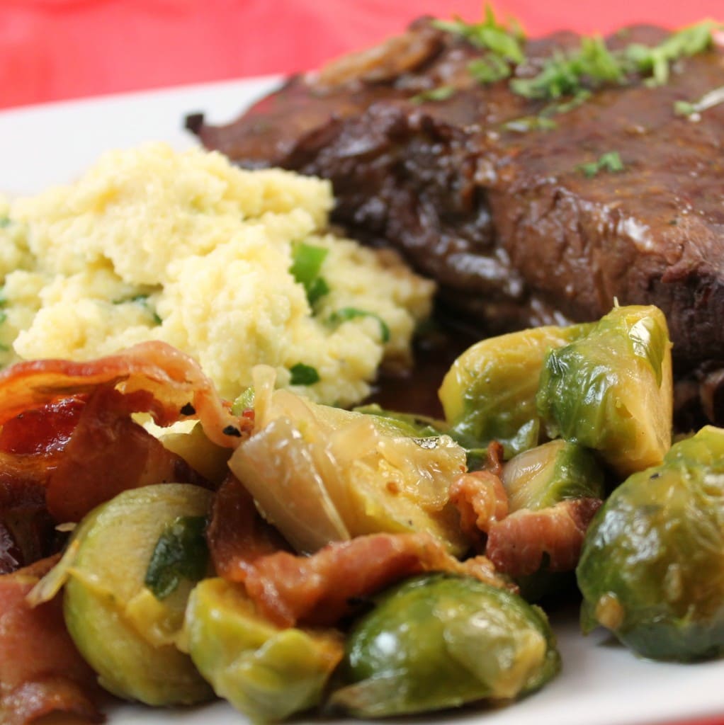 Braised Baby Back Ribs and Creamy Polenta with Brussels Sprouts and Pancetta