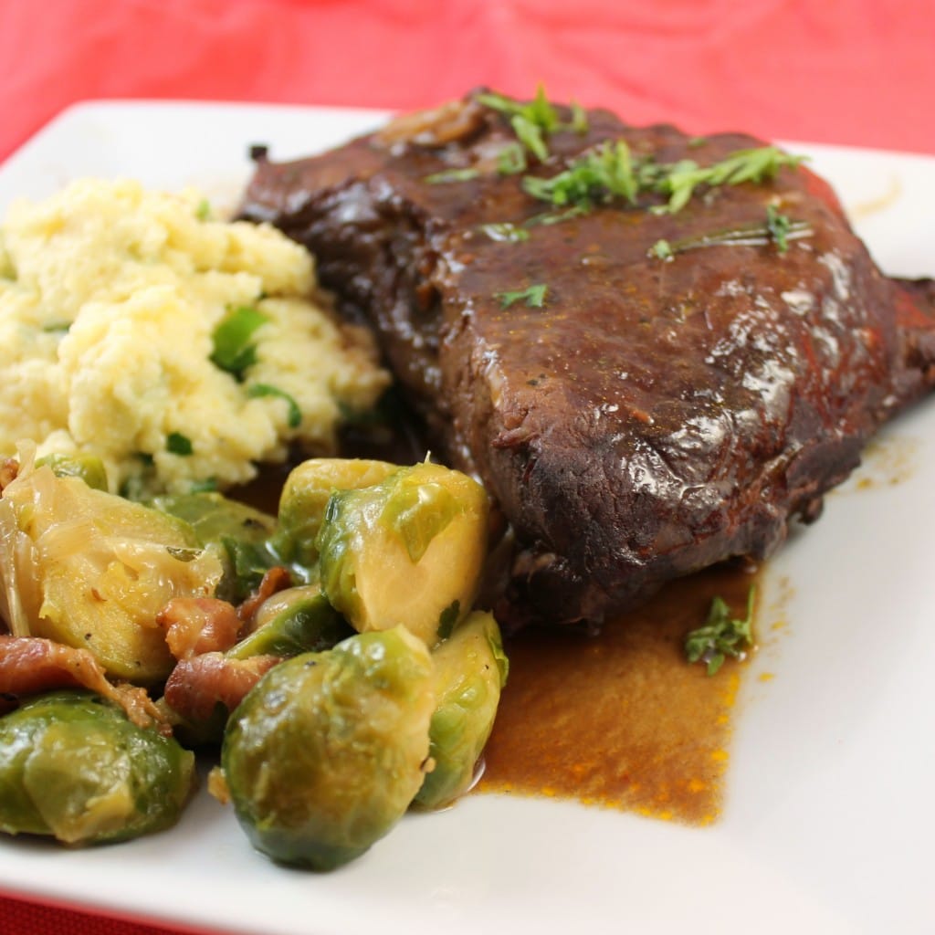 Braised Baby Back Ribs and Creamy Polenta with Brussels Sprouts and Pancetta