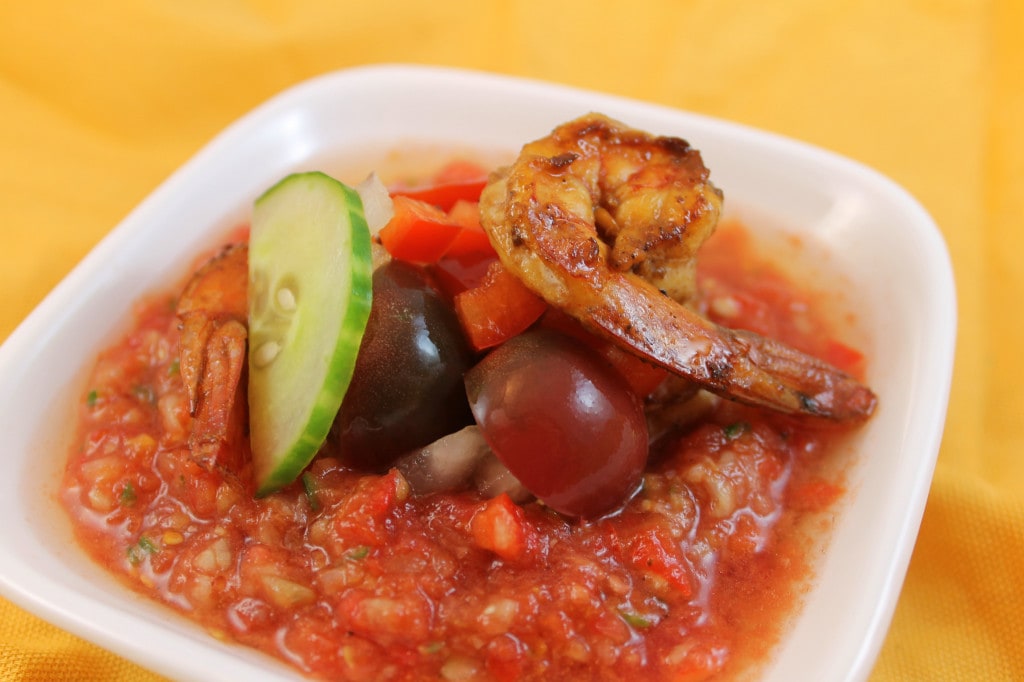 Gazpacho with Grilled Pickapeppa Shrimp