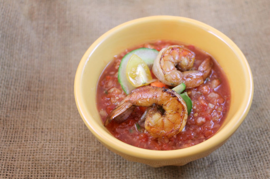 Gazpacho with Grilled Pickapeppa Shrimp