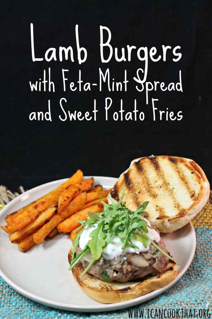Lamb Burgers with Feta-Mint Spread and Sweet Potato Fries