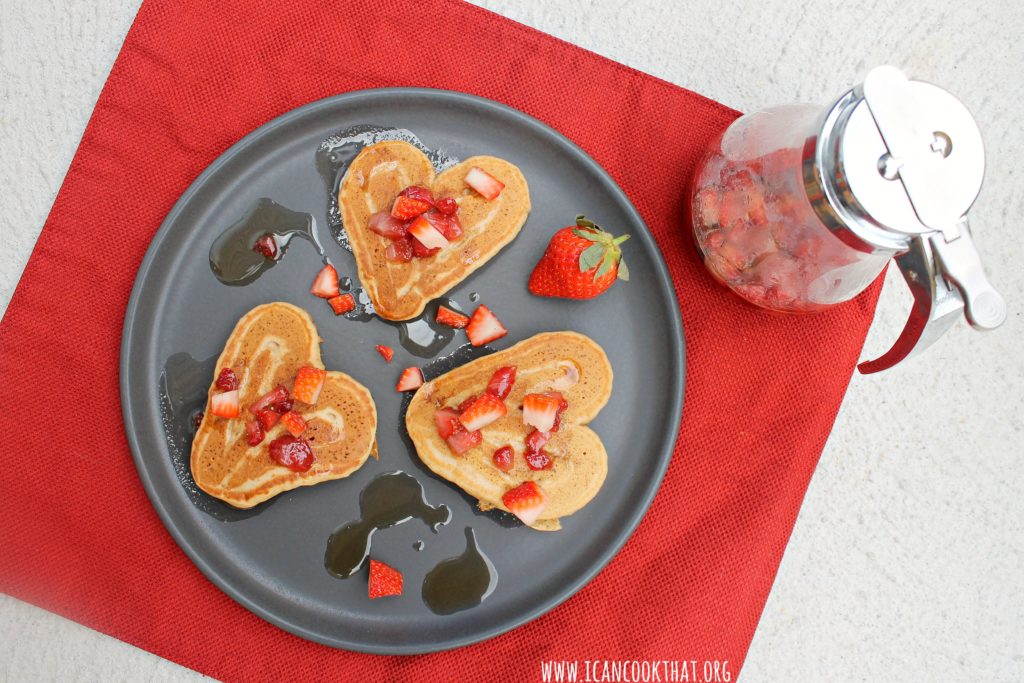 Peanut Butter Banana Pancakes with Strawberry Maple Syrup #BreakfastMonth #Krusteaz #ad