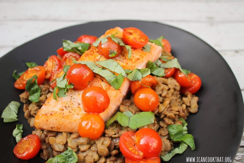 Pan Fried Salmon with Brown Lentils, Cherry Tomatoes, and Basil